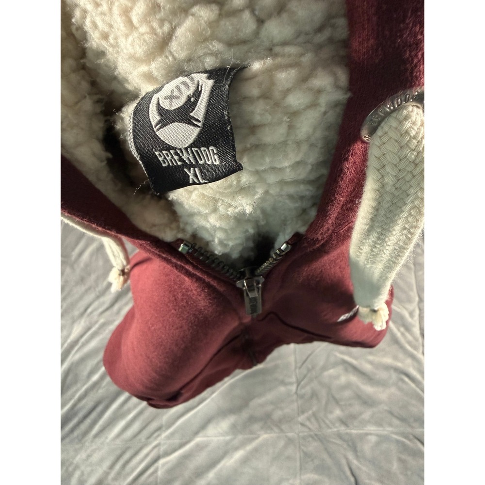 BrewDog Mens XL Full Zip Sherpa Lined Hoodie Maroon Burgundy Logo Sweatshirt - Picture 2 of 3